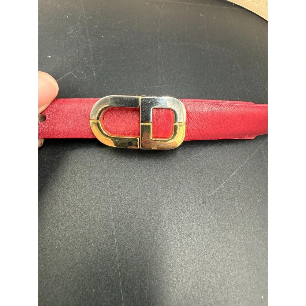 Vintage 80's CHRISTIAN DIOR Red Leather Belt Two-Toned CD Buckle Silver and Gold